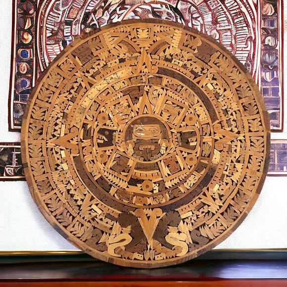Vintage Aztec Calendar Hand Carved Inlay Wood Art Mexican Mexico Decor Holiday - Picture 1 of 11